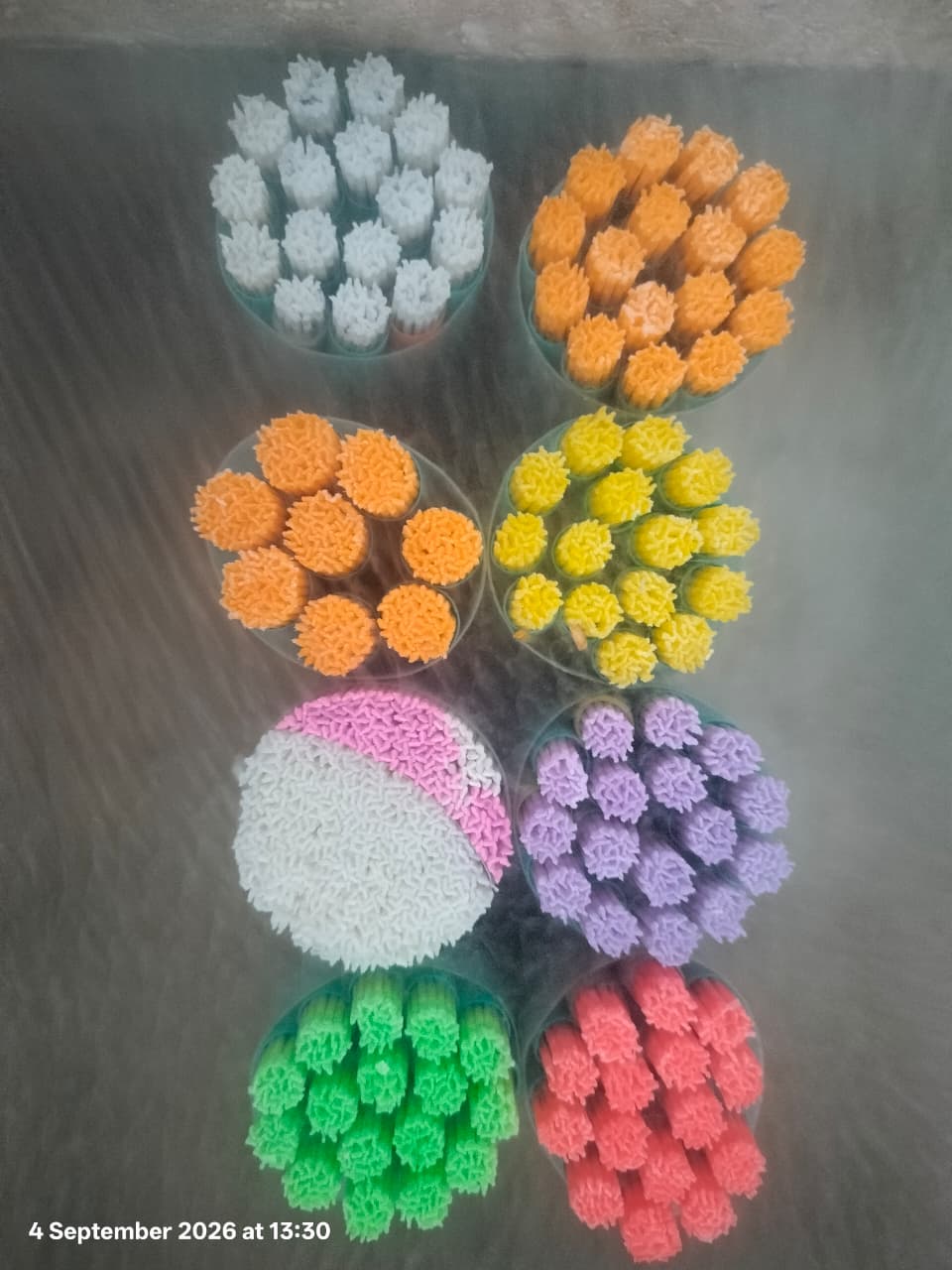 Color-coded bovine semen straws arranged in cryogenic canisters.